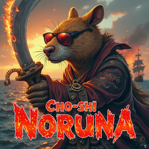 10. "Cho-shi-Noruna!"
A fierce capybara pirate leaning forward, gripping the hilt of his massive cutlass with one hand while pointing at the viewer with the other. His sunglasses reflect flames, and his tattoos of roaring sea serpents and battle scars are ...