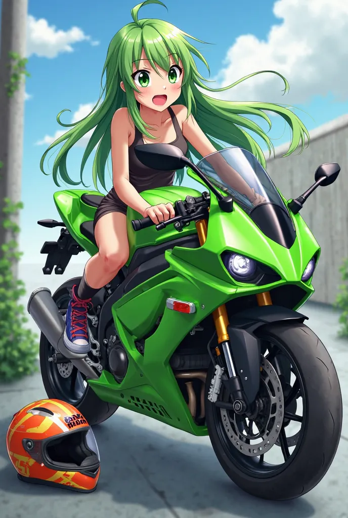 Anime Girl, sit on green motorcycle, helmet motorcycle, long hair, green hair, green eyes, happy face
