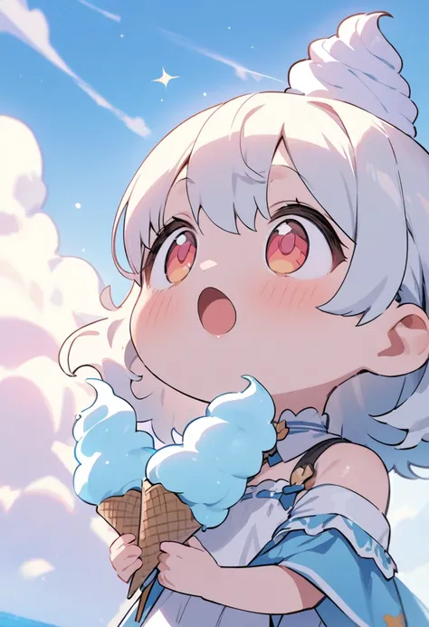 masterpiece, TOP QUALITY, with a drop in the sky and one soft serve ice cream shaped cloud, SD character Chibi-chan looking up