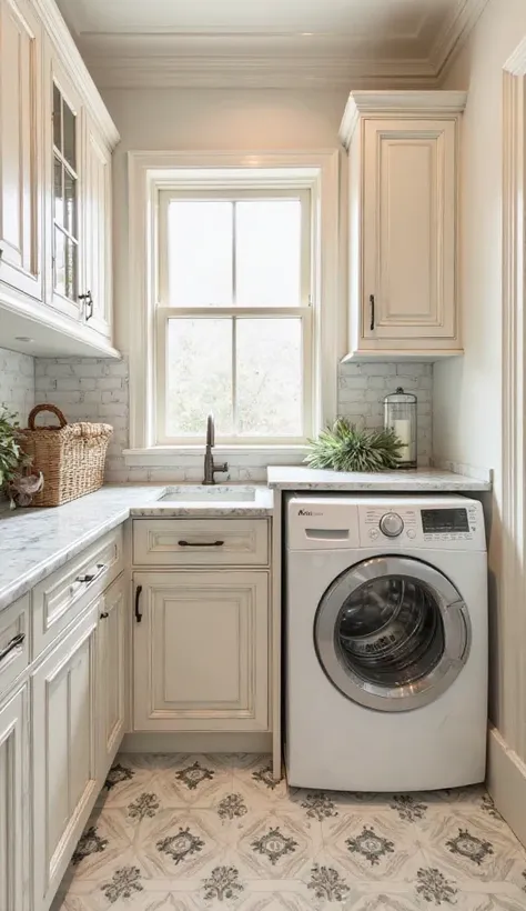 Laundry Room

"A modern Victorian laundry room with white and cream colors, ornate wood cabinets, elegant marble countertops, and a modern built-in washer and dryer. A small window with a classic wood frame, and an elegant Victorian tile floor. Simple deco...