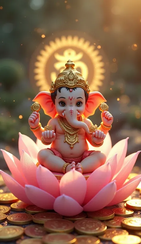 baby Ganesh ji sits on pink lotus flower,full of pile of gold coins,shiny sparkling  coins,om symbol behind him.
