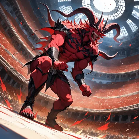 High resolution, Colosseum environment, large size, far angle,  male gender, Monstrous demon,  red skin, Pose attacking the audience 