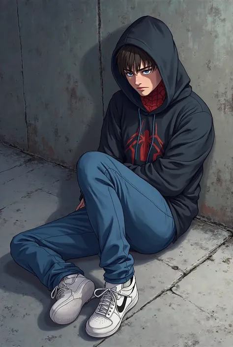 I would like you to draw me a Spiderman has been lying on the wall wearing a black hoodie with blue pants and white shoes that is anime style