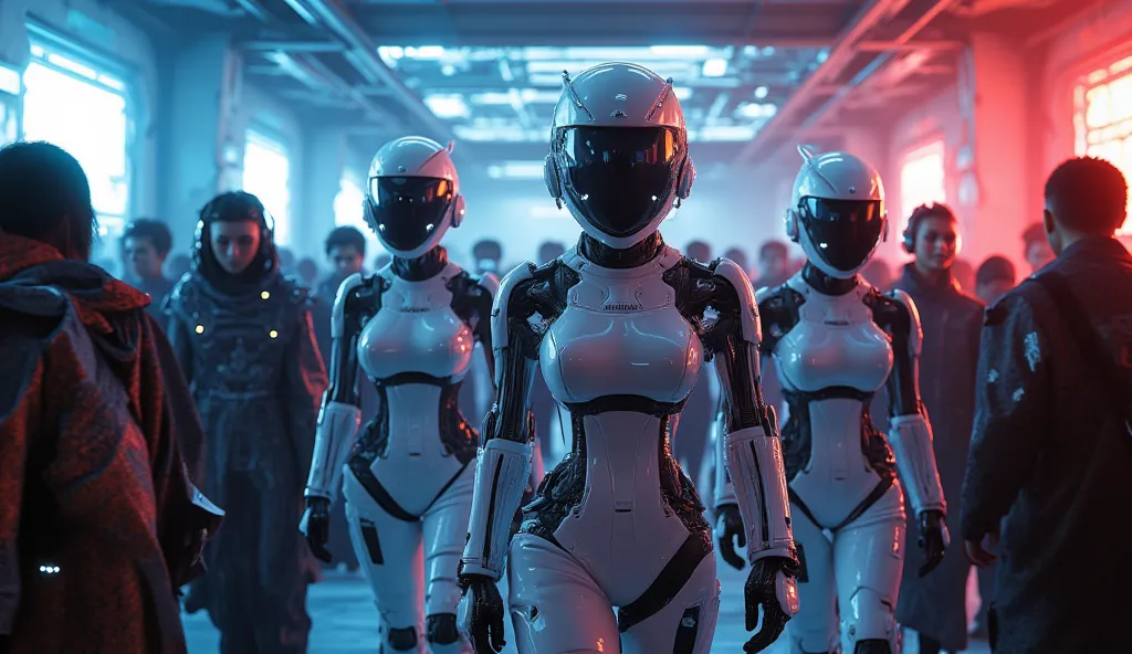 A futuristic costume party, a group of young people wear exoskeleton costumes, the rest of the people wear various futuristic costumes. Very futuristic image .