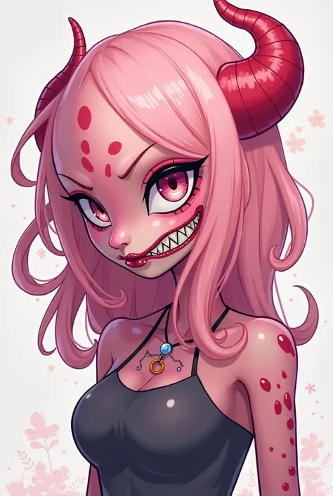 a cartoon drawing of a woman with pink hair and a demon like face, a character portrait by Puru, tumblr, vanitas, colored sketch, fully colored, muffet from undertale, varguyart style, female alien, cel - shaded art style, high quality colored sketch, lowr...