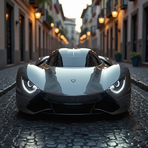 a modern chrome sports car with sleek, modern heart-shaped headlights, the car has curved lines inspired by rococo architecture on the streets of Evora, cinematic lighting, front view