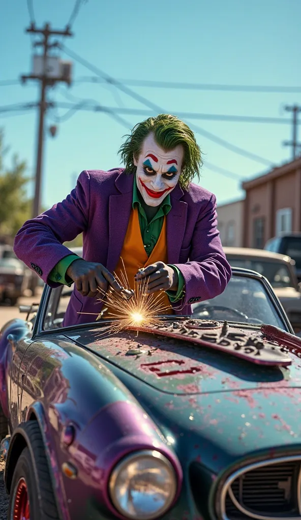 "The Joker is welding and assembling a luxurious car in the junkyard. The car has an extravagant design, with purple and green details. He seems cheerful and focused, and the bright blue sky illuminates the scenery."