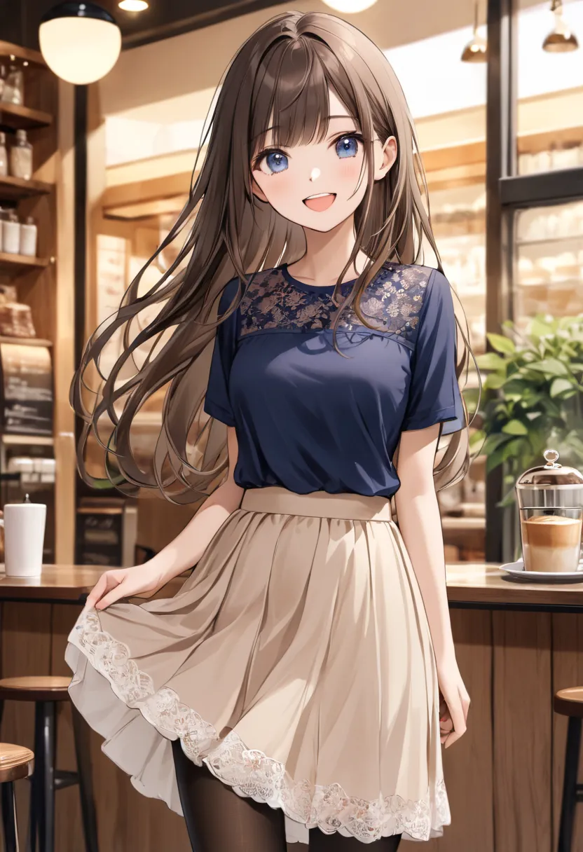 masterpiece, TOP QUALITY, 1 girl, hand between legs, solo, SMALLE BREASTS,  dark blue eyes, brown hair, bangs, long hair, from the front,   casual、lace tops、Beige Chiffon Skirt, (long length skirt:1.2), Small floral pattern、Black pantyhose、 Read more, Cafe...