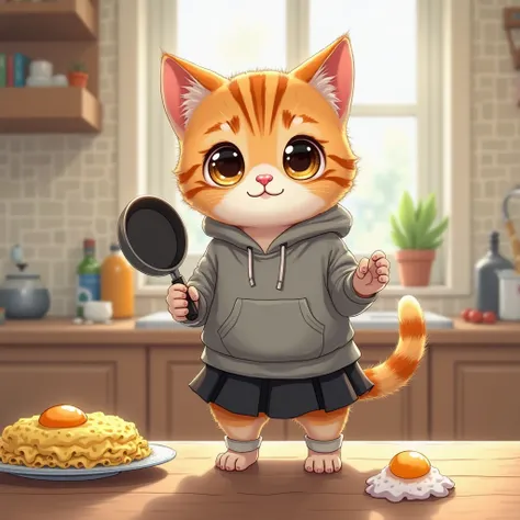  baby cat drawn in size 25 , 1 adorable baby cat , A realistic cat is standing on 2 legs ,smile, is on the table, the eyes look like beautiful marbles ,Detailed and realistic coat ,Don&#39;t blur the background,1 is wearing a gray hoodie and a black skirt,...