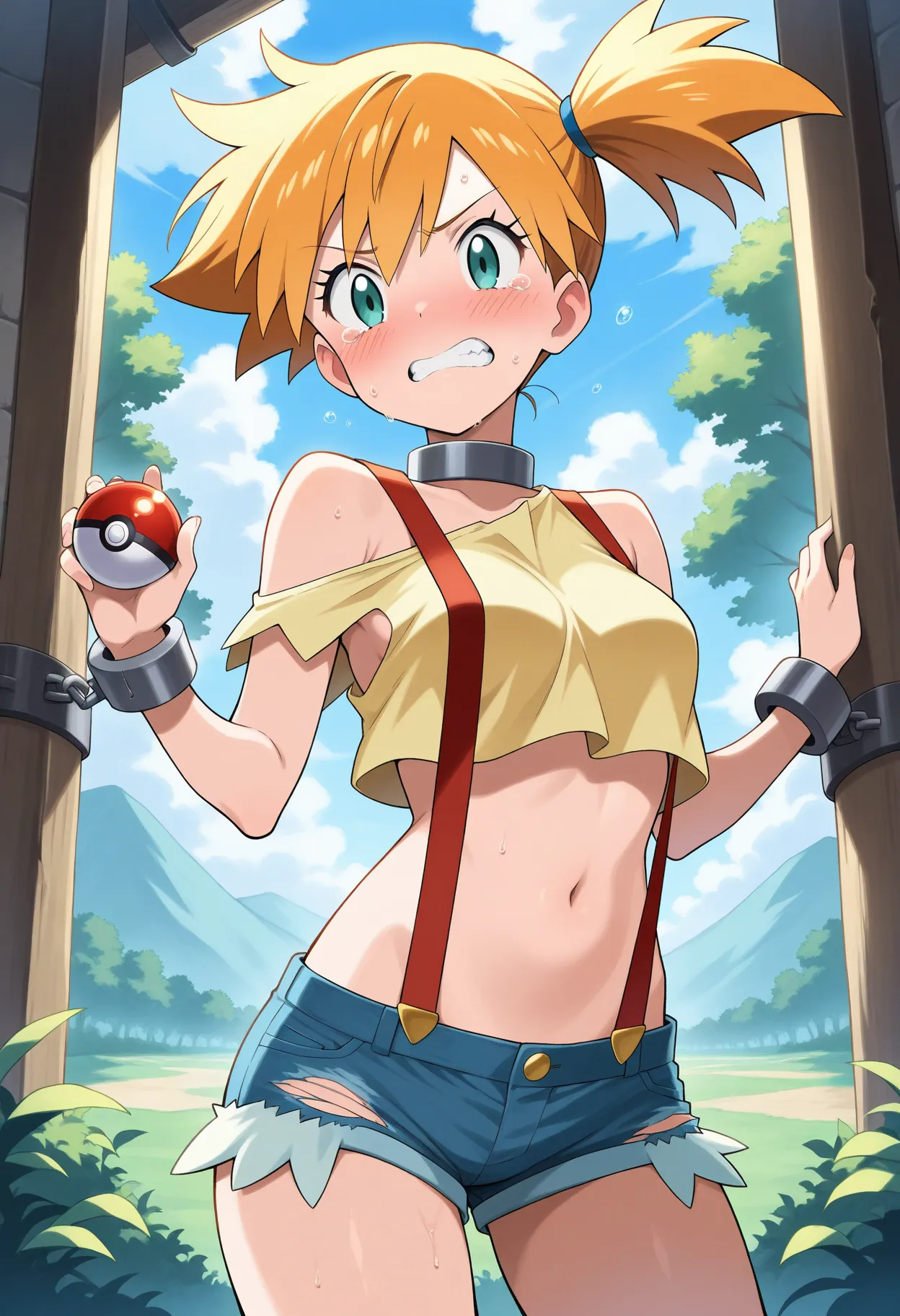 nsfw art、 Masterpiece, best quality ,  is ridiculous, amazing quality, official style,Anime,  break (((misty_( Pokémon\)))),difficult,side_ ponytail, belly button, suspenders,Ripped denim_ shorts,ripped midriff ,Naked_ shoulder , short_ shorts small tits, ...