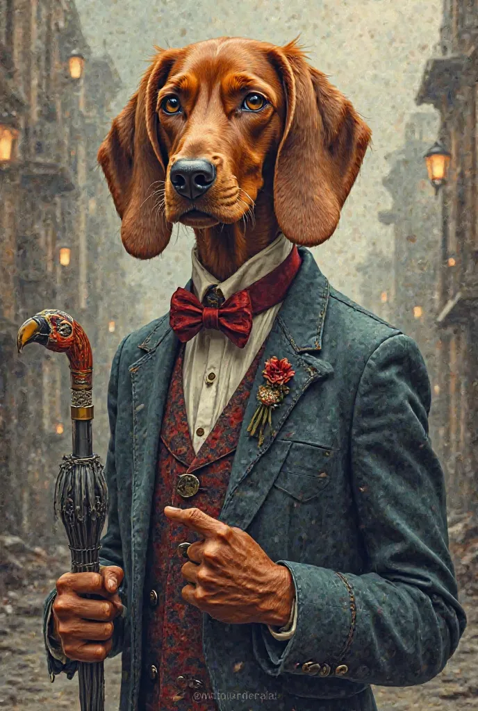 Beautiful impressive Vizsla in Mary Poppins costume with closed umbrella whose handle is in the shape of a parrot head in Peaky Blinders style as a coloring page 