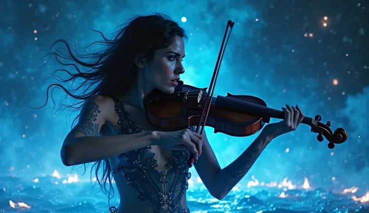 Close up close up very sexy woman, Playing the violin, com  energy azulagua escura negra azul agua em redor dela, black smoke blue water surrounding her, tattoo on arms,  energy azul agua em redor dela, aura of fire blue water,  energy, blue water backgrou...