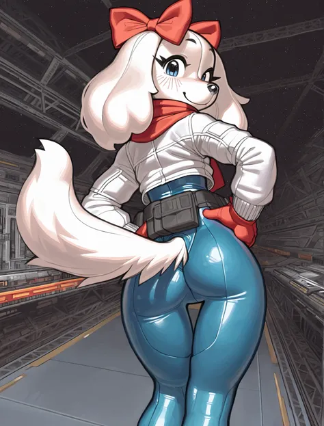 ((Fay Spaniel)), ((Starfox)), ((pixelsketcher)), ((wamudraws)), ((masterpiece)), ((high resolution)), ((solo portrait)), ((back view)), {(attractive figure), (beautiful legs), (white fur), (black nose), (floppy dog ears), (cute blue eyes), (long eyelashes)...