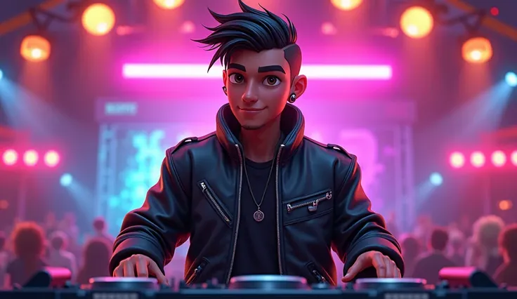 Make a boboboy with a black jacket that is a DJ 