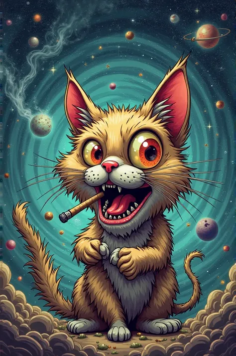 A cat smoking a joint and showing the.joint and the smoke but also its crazy face. This in space and a lot of psychedelia. Less realistic, more cartoonish, defamed and a little scary