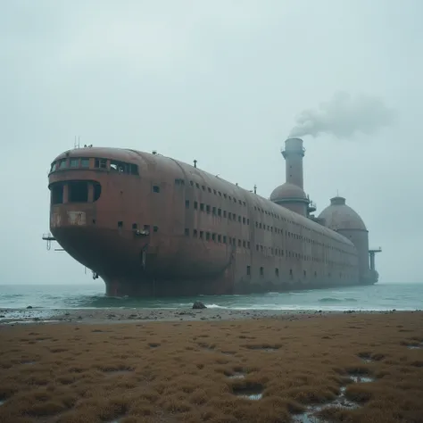 High resolution, Hyper realistic, super detail, masterpiece, photorealistic, beautiful landscape, an abandoned rusty huge building likes stronghold stranding on plane Japanese field, coast, rusty iron. In bad weather.