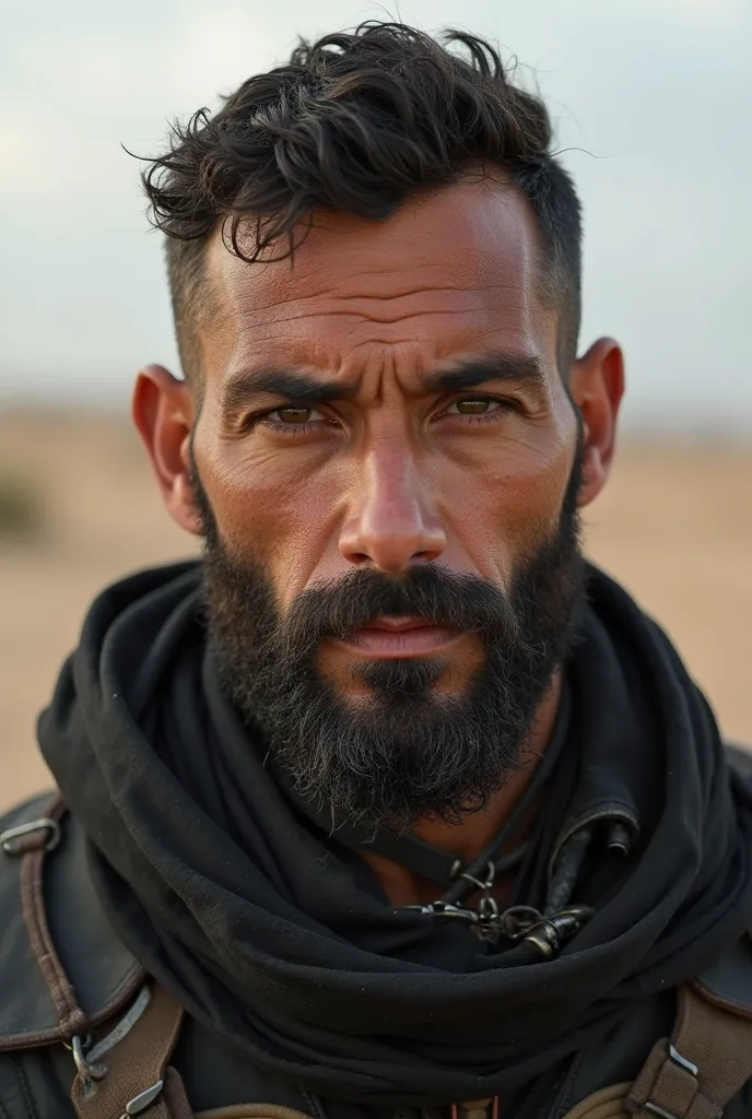  awesome strong handsome and athletic man, three days beard,  olive skin ,  short black dark hair shaved at the sides, slightly black eyes,  hyperealistic , desert worn dusty damaged black clothes,  though rude face, 