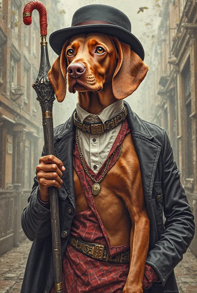 Beautiful impressive Vizsla in Mary Poppins costume with closed umbrella whose handle is in the shape of a parrot head in Peaky Blinders style as a coloring page 