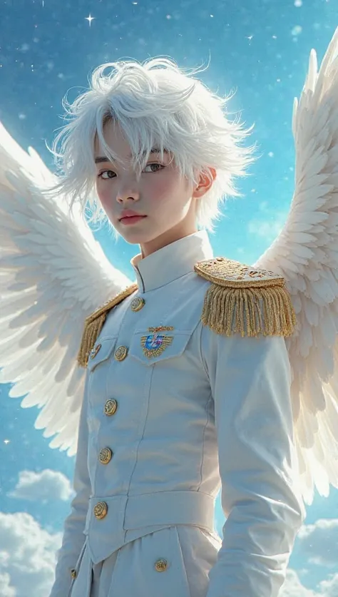 fantastic beauty、live-action、 perfect balance 、high definition、16k、Clear Images、fantasy closer to reality、Beautiful boy angel in a tight white military uniform with white hair, fluffy, medium hair that spreads big white wings、A blue tornado on the right, s...