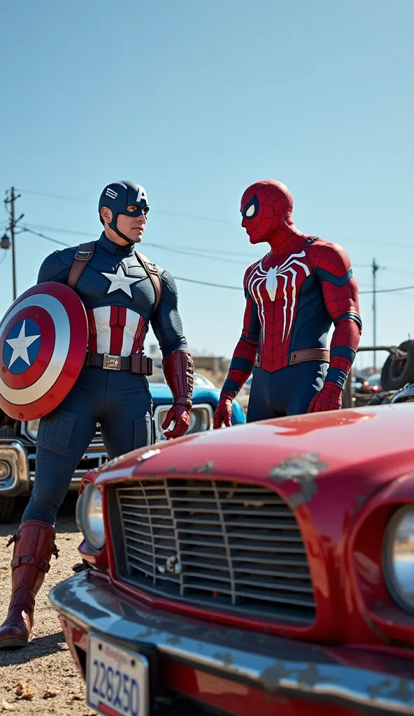 "Captain America, Venom and Spider-Man adults are at the junkyard, watching the Joker's car with expressions of surprise and admiration. Their postures are friendly and lively, while the blue sky creates a pleasant environment."