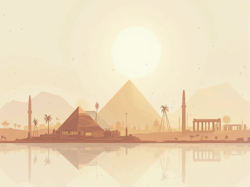 Poster highlighting ancient Egyptian landmarks in light colors including gold and rose gold.