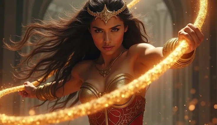 A fierce Amazonian warrior princess with long, flowing dark hair and a golden tiara, wielding a glowing golden lasso in an action pose. She wears a bronze and red armored corset, radiating strength and determination. Her intense gaze and slightly parted li...