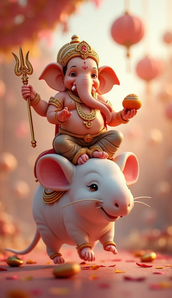 "A 3D illustration of Lord Ganesha riding on a large  mouse. Lord Ganesha, depicted as a  with an elephant head, is holding traditional symbols like a trident and modak. The mouse is white, carrying Ganesha joyfully on its back. The scene is rendered with ...