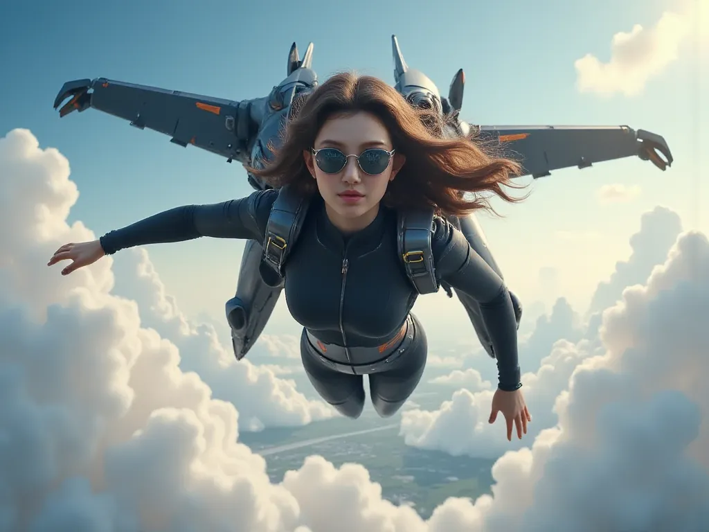 8k,photo realistic,a girl flying in the sky、she wearing full black suit,she was higher than the clouds,beautiful cloud,close up face,she wearing a jet pack with huge high tech wings,she wearing high tech google