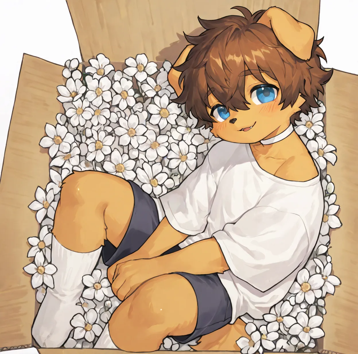 source_ furry， furry male，elementary school students，((boy  )),Dog boy  ,short hair,masterpiece, newest,absurdres, incredibly absurdres, bright eyes, detailed eyes,short hair, messy hair, blush, laugh, head tilt， is unique , shorts，loose clothes, loose shi...