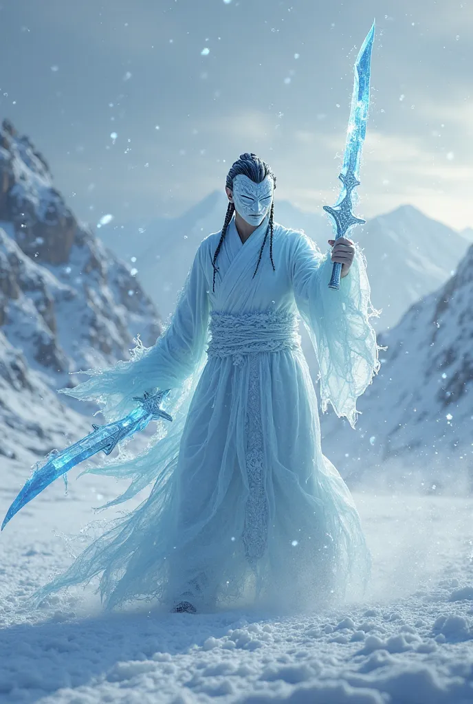 /imagine prompt: A hyper-realistic depiction of a masked ice warrior holding a glowing ice sword. The warrior wears lightweight, elegant clothing inspired by traditional Chinese attire, featuring flowing lines and subtle icy patterns. The mask is sleek and...