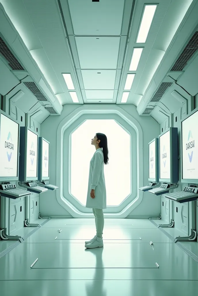 photorealistic. full frame. The pure white and green space station room. Large full-length monitors hang on the walls, which clearly show the inscription “DARSAI”. The whole space is white and inorganic, monitors hang on the walls but bright white lights a...