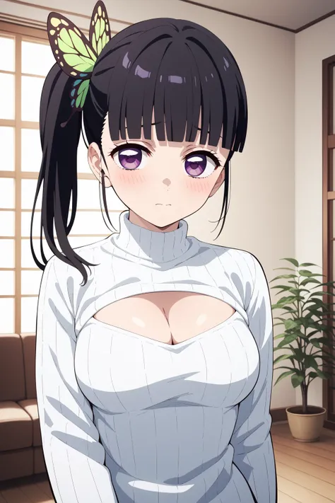 masterpiece,best quality,{{detailed beautiful face and eyes}}, very detailed background,
Kanao Tsuyuri,{{{megami magazine}}},long hair,black hair,side ponytail,hair ornament,butterfly ornament,blunt bangs,purple eyes,medium breasts,
white sweater,cleavage ...