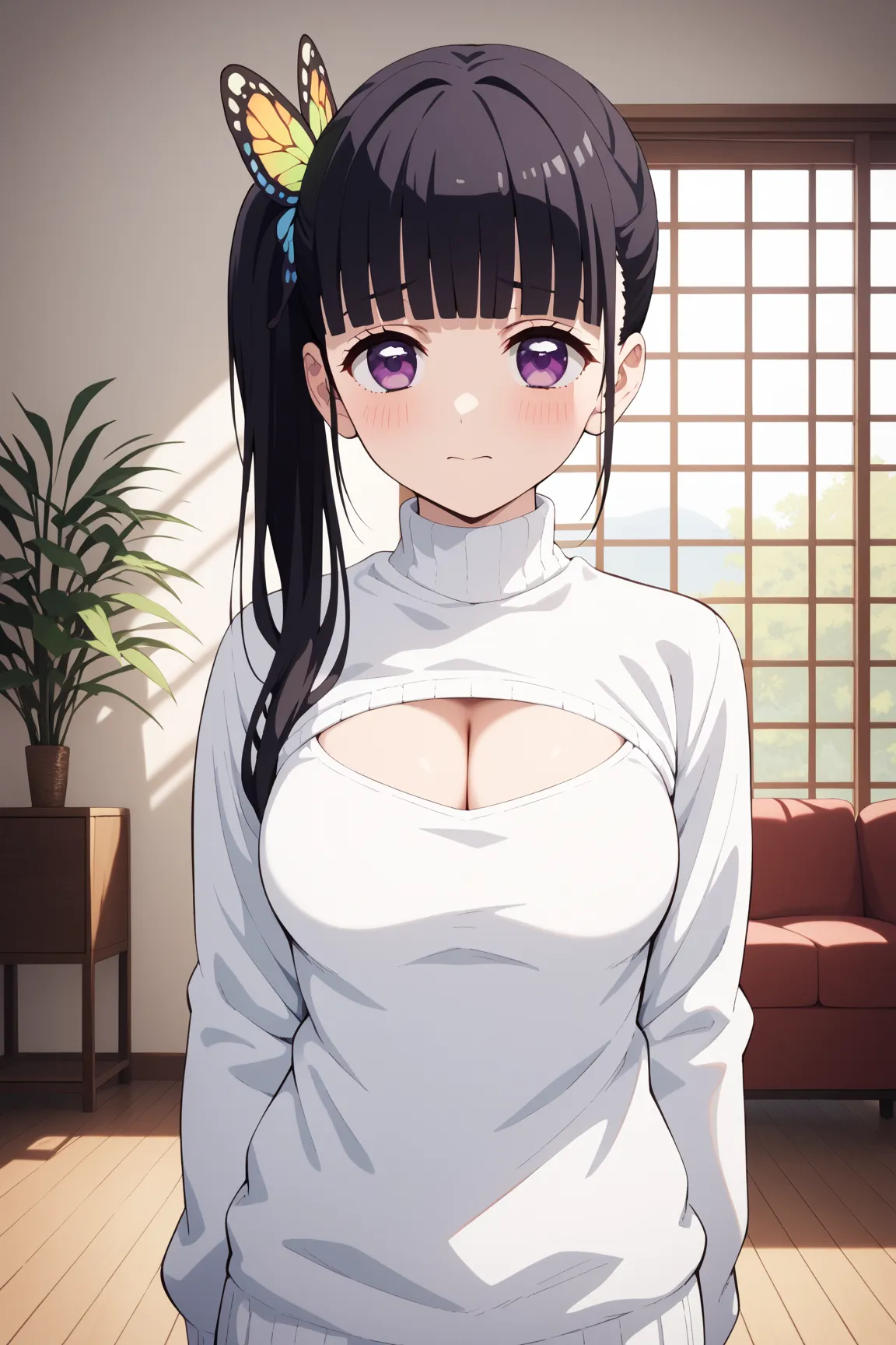 masterpiece,best quality,{{detailed beautiful face and eyes}}, very detailed background,
Kanao Tsuyuri,{{{megami magazine}}},long hair,black hair,side ponytail,hair ornament,butterfly ornament,blunt bangs,purple eyes,medium breasts,
white sweater,cleavage ...