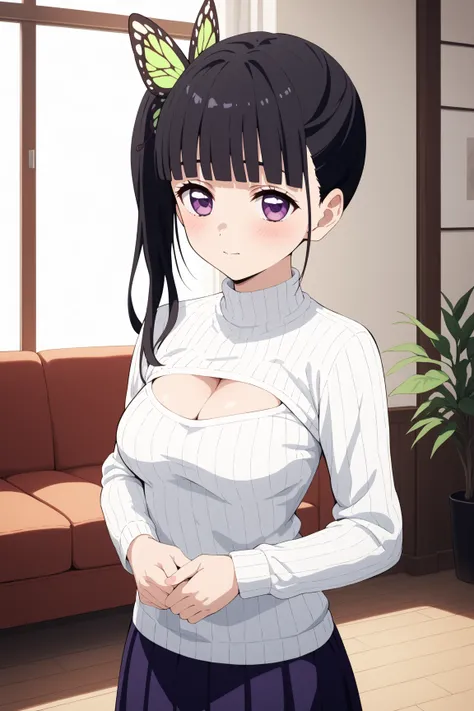 masterpiece,best quality,{{detailed beautiful face and eyes}}, very detailed background,
Kanao Tsuyuri,{{{megami magazine}}},long hair,black hair,side ponytail,hair ornament,butterfly ornament,blunt bangs,purple eyes,medium breasts,
white sweater,cleavage ...