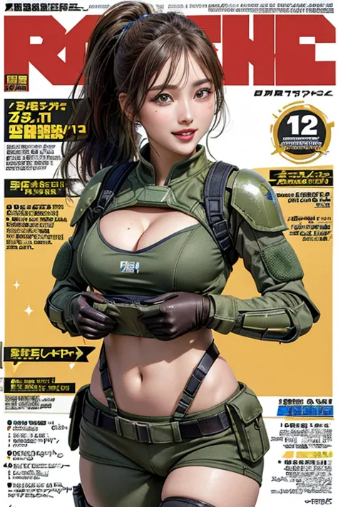 (from below:1.2, best quality ),1girl, solo, perfect, best quality, masterpiece, beautiful, pretty,female orbital drop shock trooper, green combat suit, futuristic body armor, large breasts, cleavage, cargo pants, long brown hair, ponytail, blue eyes, tact...