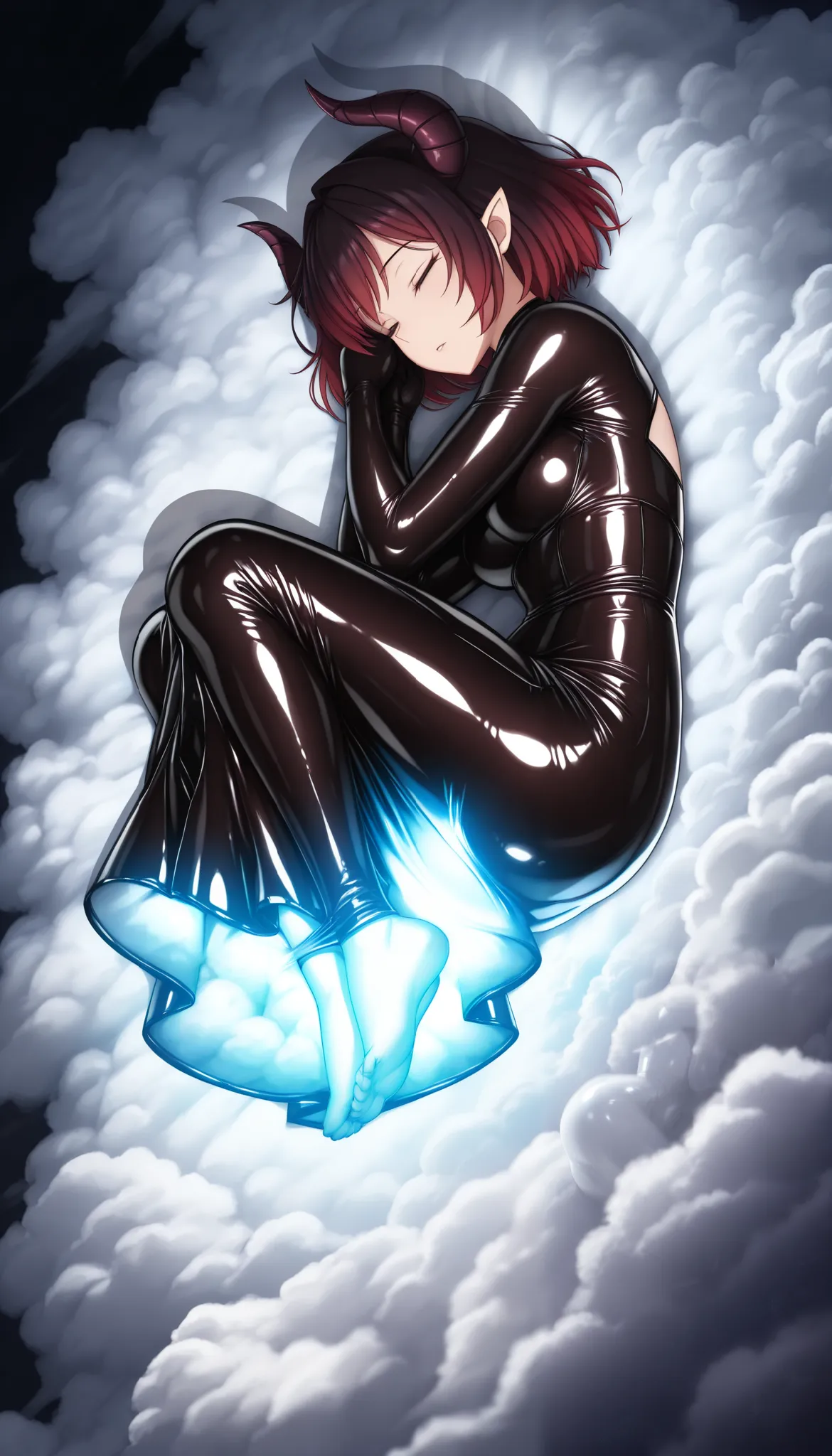 Beautiful Body Style Succubus, Sleeping in the Clouds, Succubus Wrapped in Clouds, Cloud bed:1.2, Detailed Sexy Body, Devil&#39;s Wing, Twisted Horns , ((Fitted Latex Dress, Fetal Pose:1.6)), Cloud Effects, dynamic movements, cinematic lighting, dramatic a...