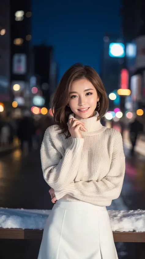 highest quality、genuine、Super detailed、finely、High resolution、8k wallpaper、one beautiful woman、light brown hair、sharp focus、perfect dynamic composition、beautiful and detailed eyes、thin short hair、Detailed genuine skin texture、smile、model body shape、at wint...