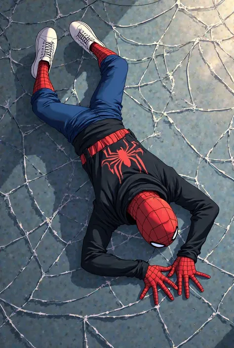 I would like you to draw me a Spiderman has been lying on the wall with a black hoodie on blue pants and white shoes that is anime style that is face down with the cobweb 