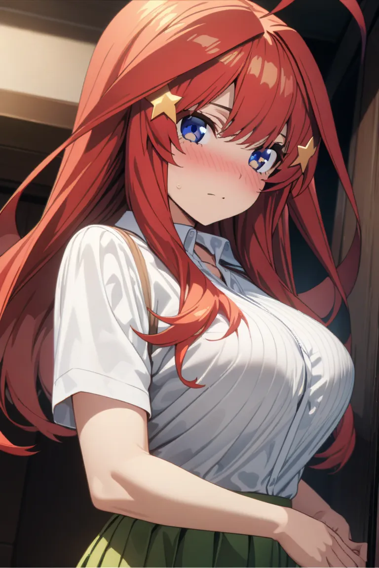 nakano_itsuki, blue eyes, red hair, long hair, ahoge, star hair ornament, short sleeves, white shirt, collared shirt, green skirt, pleated skirt, (masterpiece:1.3),(ultra detailed:1.3),(best quality:1.3),(extremely detailed CG :1.2), (detailed beautiful ey...