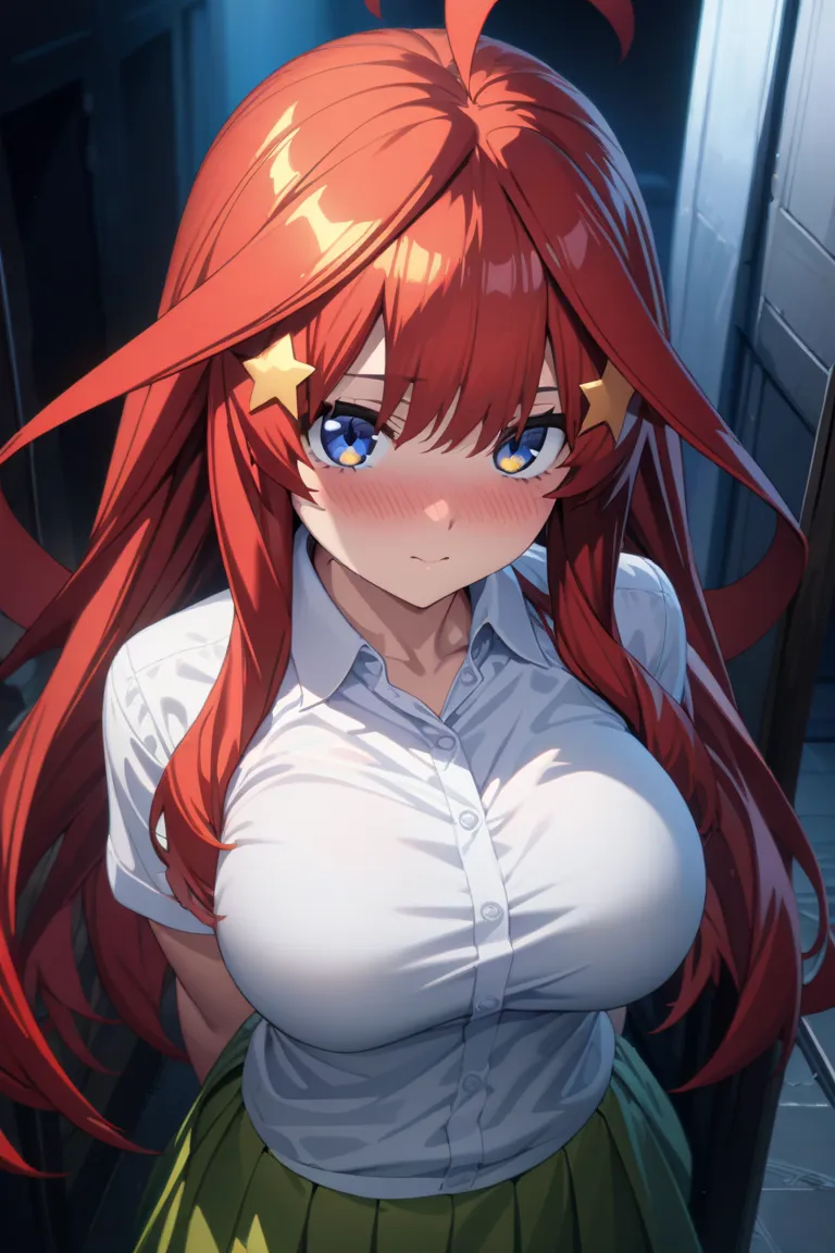 nakano_itsuki, blue eyes, red hair, long hair, ahoge, star hair ornament, short sleeves, white shirt, collared shirt, green skirt, pleated skirt, (masterpiece:1.3),(ultra detailed:1.3),(best quality:1.3),(extremely detailed CG :1.2), (detailed beautiful ey...