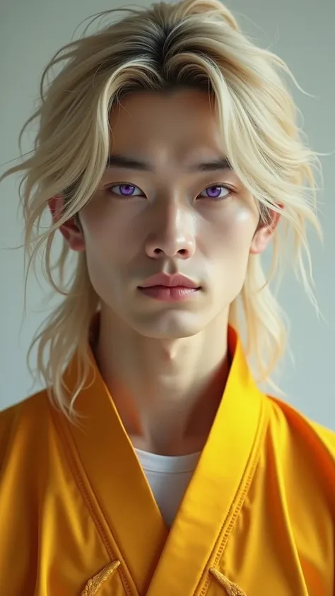 a 24-year-old Chinese man , very attractive ,  with dark purple eyes and very long blond hair with disheveled bangs,  who wears a yellow-orange Hanfu  