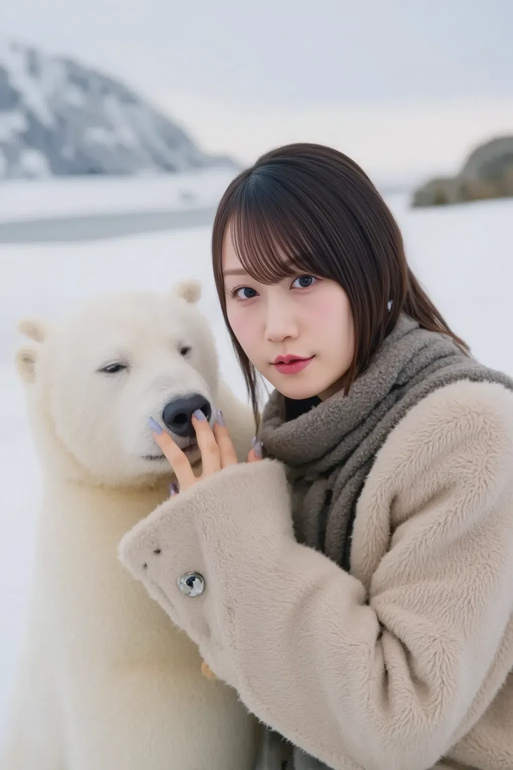 A cute Japanese woman wearing a thick coat, interacting with a polar bear in the Arctic. The woman has dark hair and is smiling as she gently touches the polar bear, who appears calm and friendly. The scene takes place in a snowy, icy landscape with glacie...