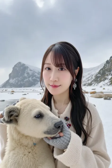 A cute Japanese woman wearing a thick coat, interacting with a polar bear in the Arctic. The woman has dark hair and is smiling as she gently touches the polar bear, who appears calm and friendly. The scene takes place in a snowy, icy landscape with glacie...