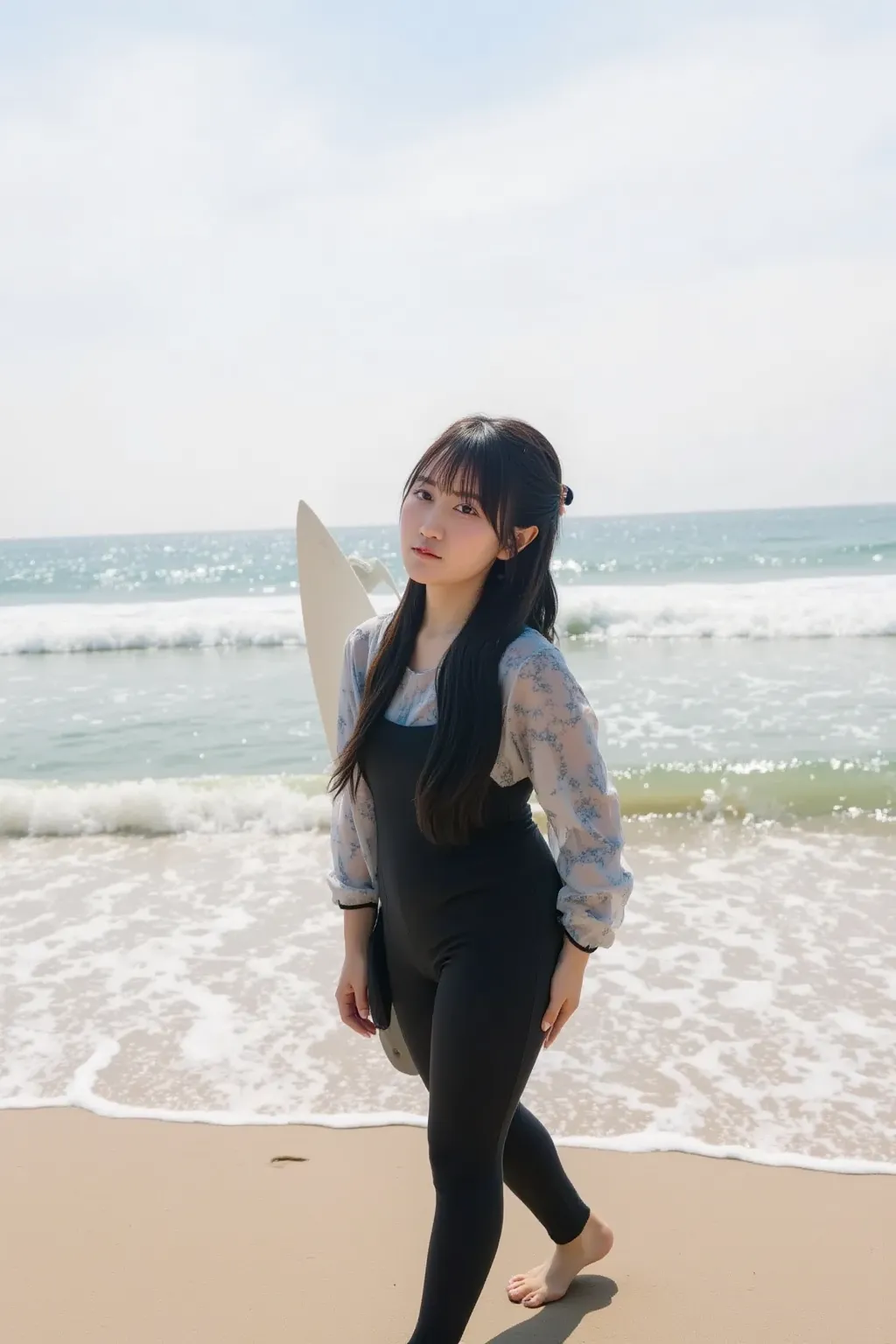 {
  "prompt": "A Japanese woman standing at the shoreline wearing a wetsuit and holding a surfboard. The background shows a beautiful beach with waves gently crashing. The woman has black hair tied in a ponytail, and she is looking out toward the ocean, wi...