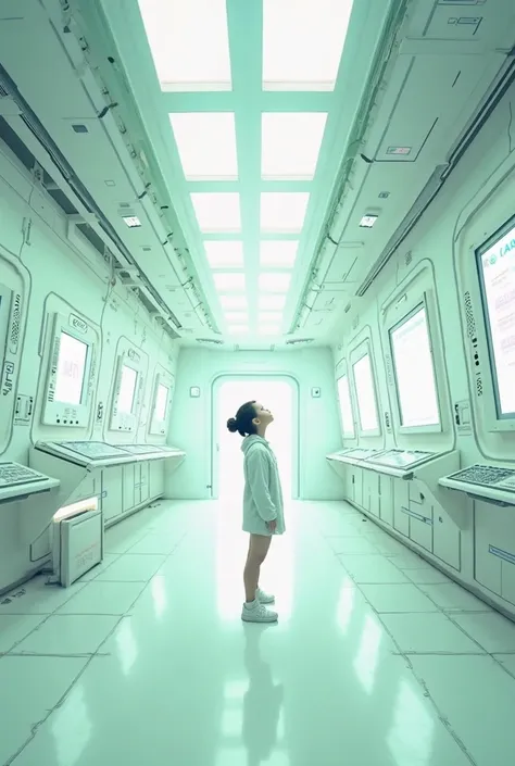 photorealistic. full frame. The pure white and green space station room. Large full-length monitors hang on the walls, on which the large inscription “DARSAI” is clearly visible. The whole space is white and inorganic, monitors hang on the walls but bright...