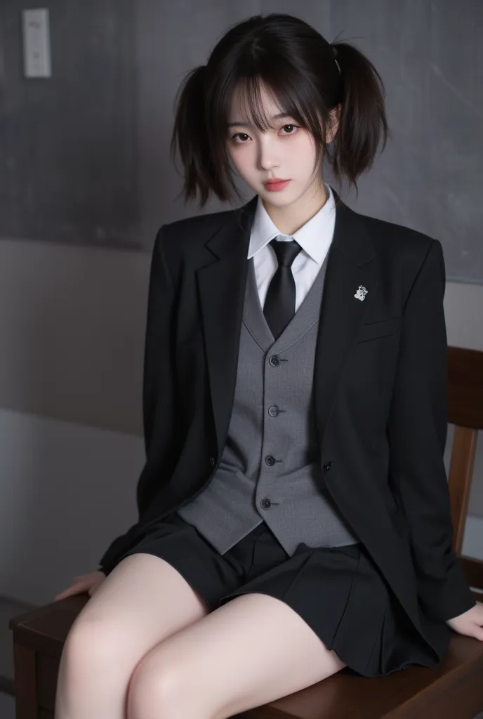 black pleated skirt, black suit, school uniform, tie, gray vest, young women, double ponytail, male sitting position, vaguely visible, white underwear