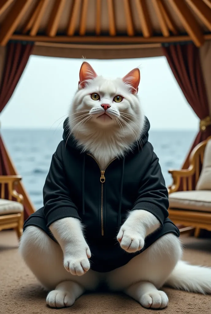 "A large, muscular white cat with a powerful and well-defined physique, wearing a black hoodie and shorts, sitting inside a luxurious yurt floating in the middle of the sea. The cat has a majestic yet sorrowful expression, with tears streaming down its fac...