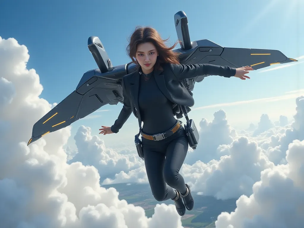 8k,photo realistic,a girl flying in the sky、she wearing full black suit,she was higher than the clouds,beautiful cloud,close up face,she wearing a jet pack with huge high tech wings,she wearing high tech google