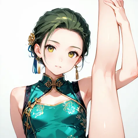  Gold　 green eyes　Short hair center split, slicked back hair　Chinese clothing（Blue-green）　male　 bust up