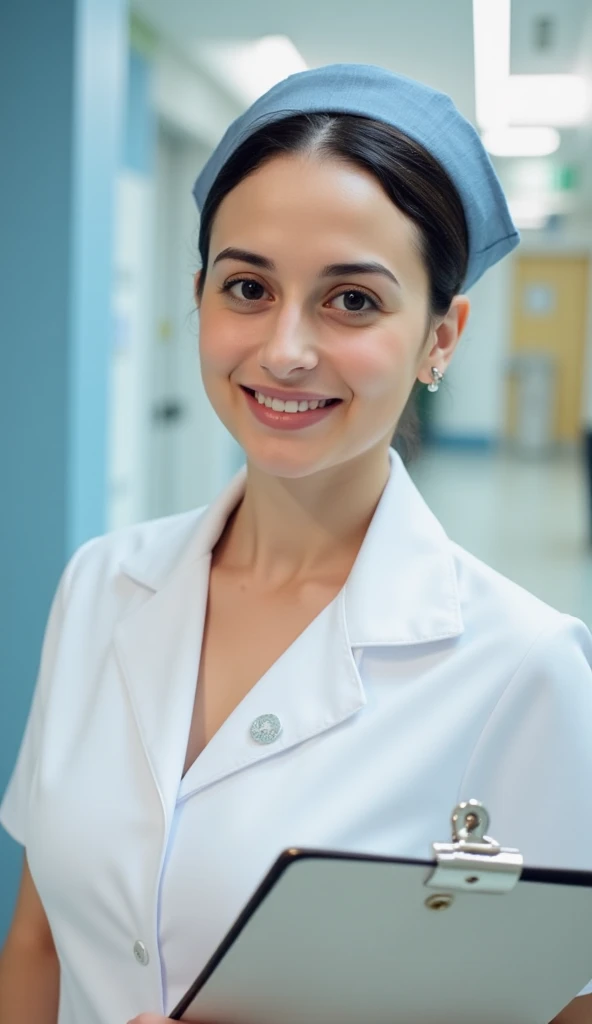 A kind and professional female nurse in a white uniform with a matching cap. She has a warm smile and a caring expression, standing in a bright and clean hospital environment. She holds a clipboard and a pen, ready to assist patients. Soft lighting and a c...